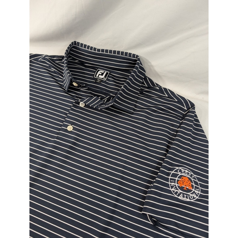 Footjoy Polo Shirt‎ Men XL Oak Tree  Crest Invitational Button Down Blue Striped